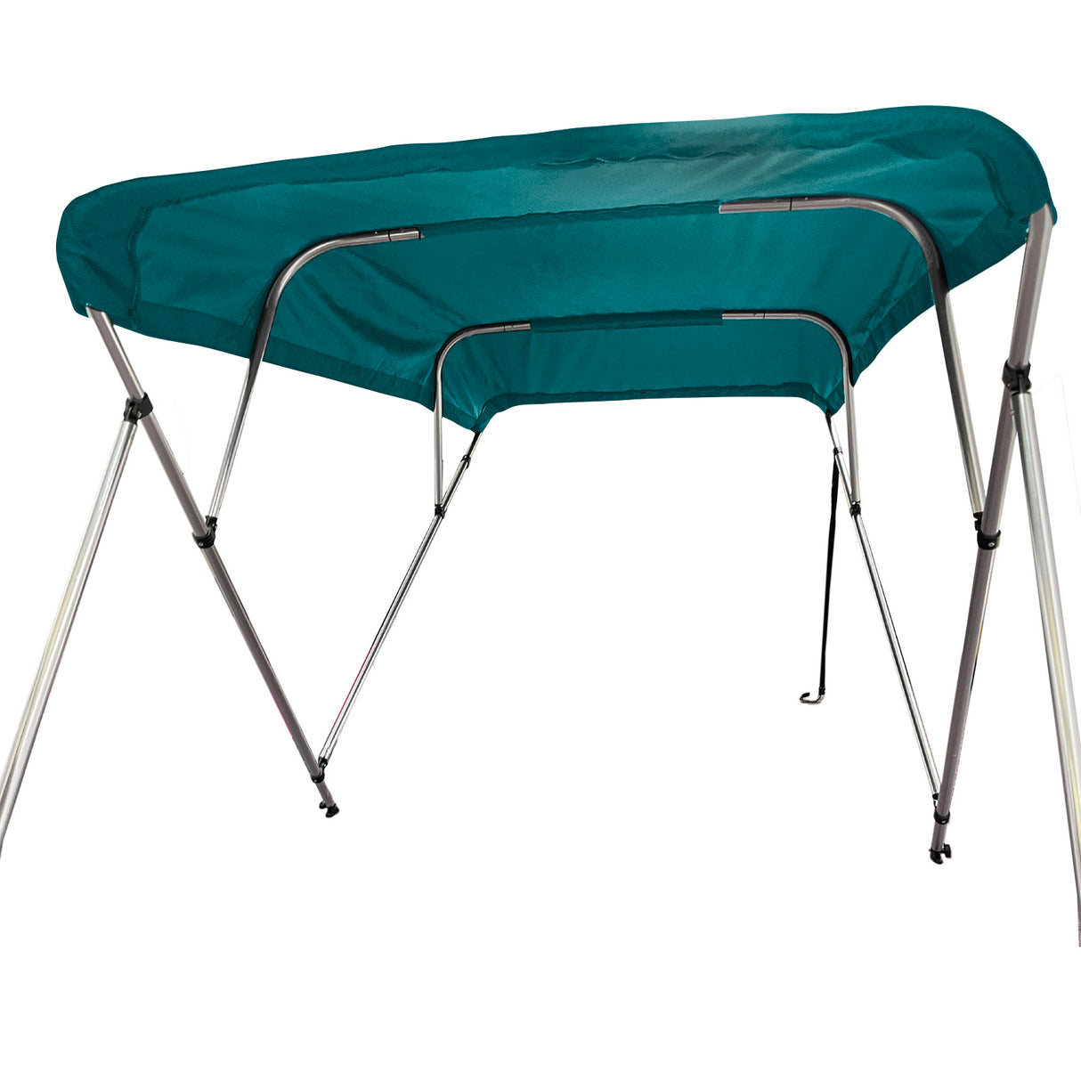 Fully extended 4-bow bimini top for boats. Teal canvas on a round tube aluminum frame with rear support poles and front straps.