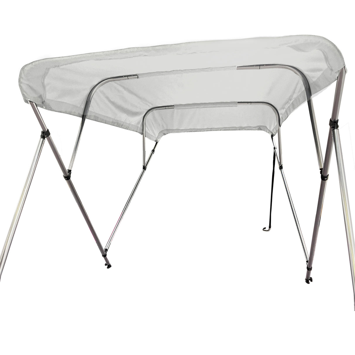 Fully extended 4-bow bimini top for boats. White canvas on a round tube aluminum frame with rear support poles and front straps.