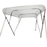 Fully extended 4-bow bimini top for boats. White canvas on a round tube aluminum frame with rear support poles and front straps.