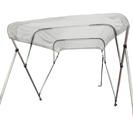 Fully extended 4-bow bimini top for boats. White canvas on a round tube aluminum frame with rear support poles and front straps.