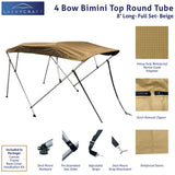 Beige 4-bow boat Bimini top with round aluminum frame, marine-grade polyester canvas, boot, rear poles & front straps.