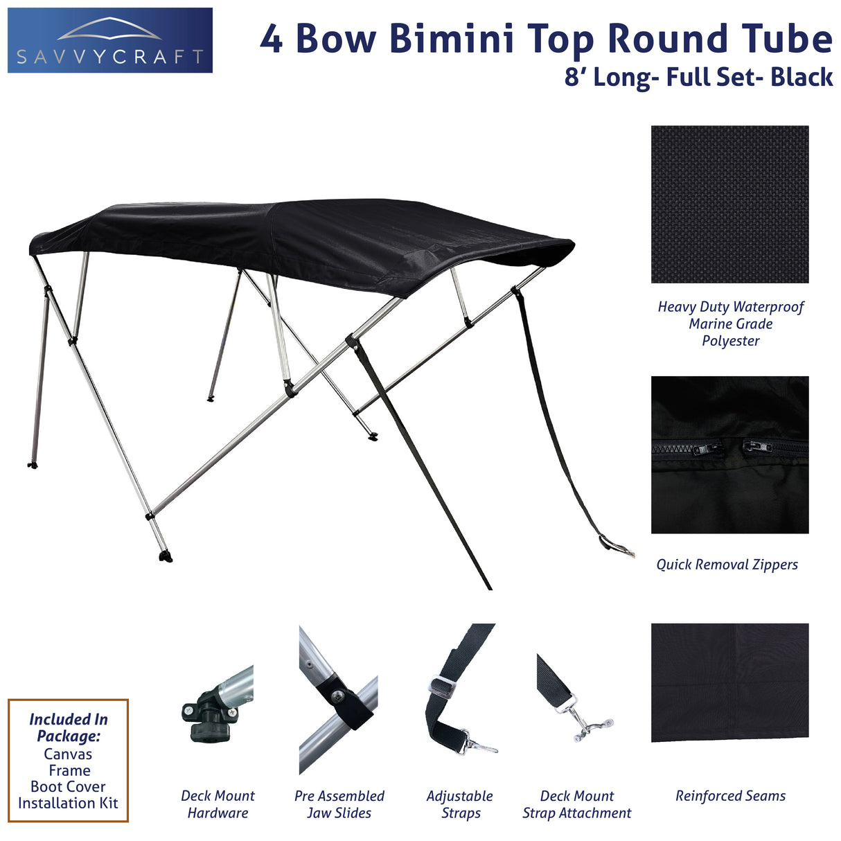 Black 8ft long 4-Bow Bimini Top set with round frame, marine-grade polyester canvas, boot, and mounting hardware included.