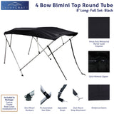 Black 8ft long 4-Bow Bimini Top set with round frame, marine-grade polyester canvas, boot, and mounting hardware included.