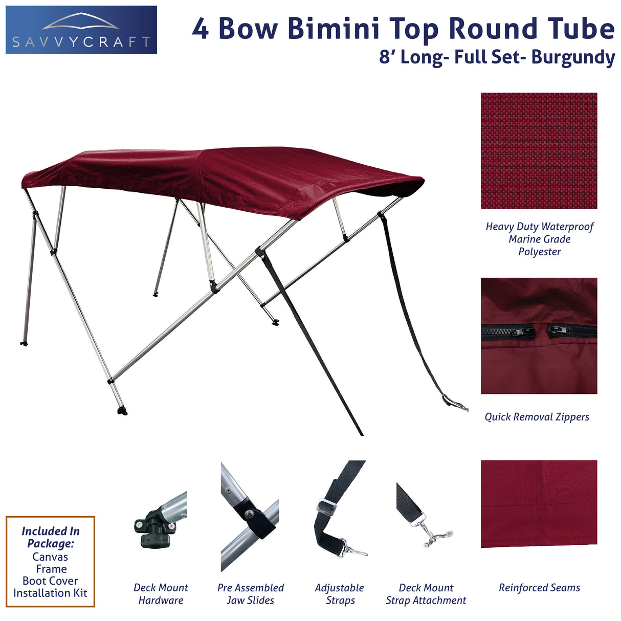 Burgundy 8ft long 4-Bow Bimini Top set with round frame, marine-grade polyester canvas, boot, and mounting hardware included.
