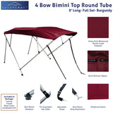 Burgundy 8ft long 4-Bow Bimini Top set with round frame, marine-grade polyester canvas, boot, and mounting hardware included.