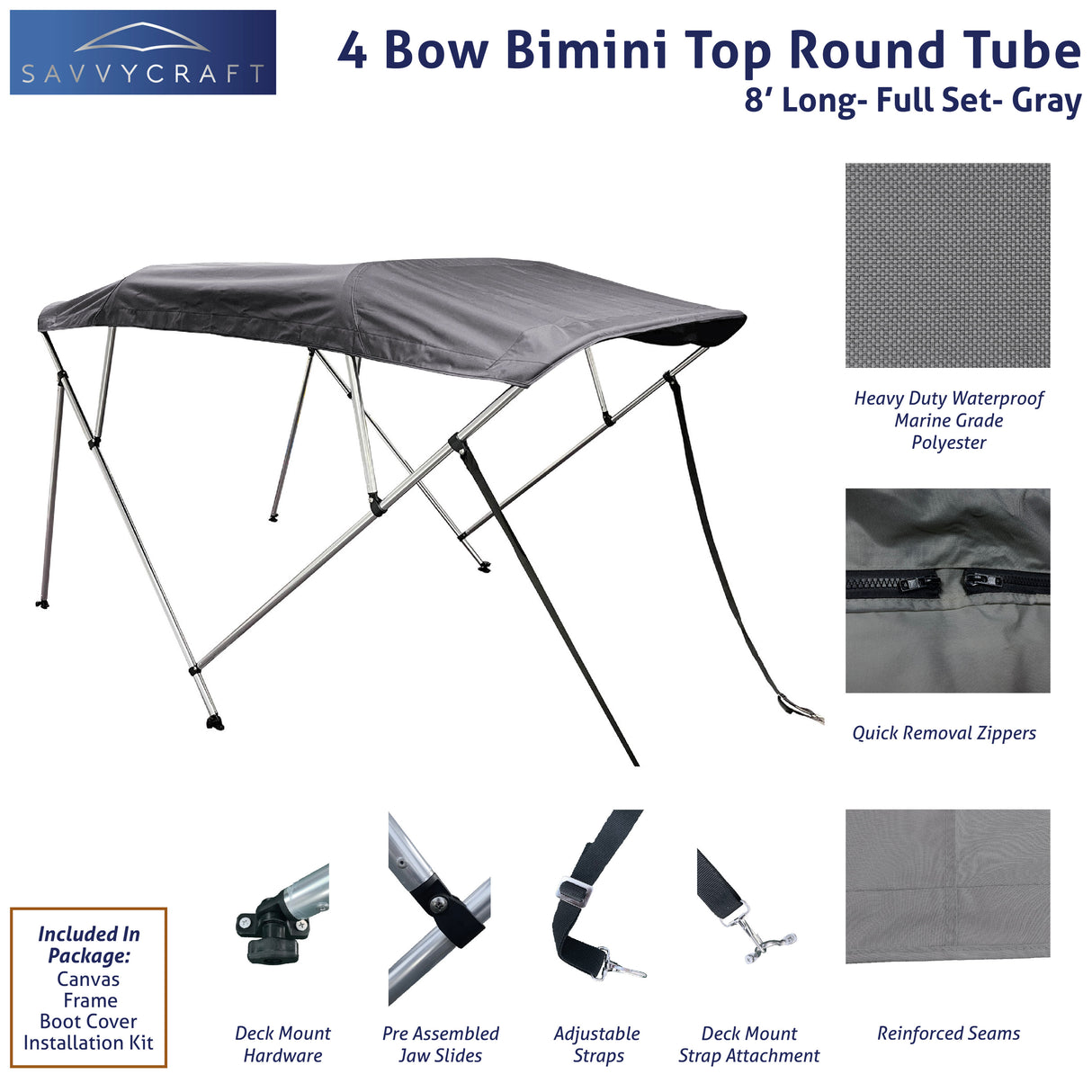 Gray 8ft long 4-Bow Bimini Top set with round frame, marine-grade polyester canvas, boot, and mounting hardware included.