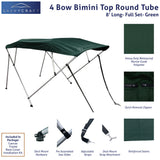 Green 8ft long 4-Bow Bimini Top set with round frame, marine-grade polyester canvas, boot, and mounting hardware included.