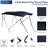 Navy 8ft long 4-Bow Bimini Top set with round frame, marine-grade polyester canvas, boot, and mounting hardware included.