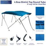 Blue 8ft long 4-Bow Bimini Top set with round frame, marine-grade polyester canvas, boot, and mounting hardware included.