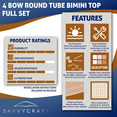 SavvyCraft 4 Bow Round Tube Bimini Top product details including features, ratings.