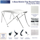 White 8ft long 4-Bow Bimini Top set with round frame, marine-grade polyester canvas, boot, and mounting hardware included.