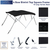 Black 10ft 4-Bow Black Bimini Top set with square frame, marine-grade polyester canvas, boot, and mounting hardware included.