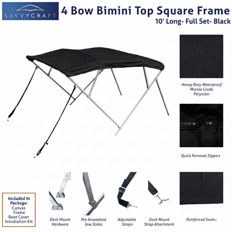 Black 10ft 4-Bow Black Bimini Top set with square frame, marine-grade polyester canvas, boot, and mounting hardware included.