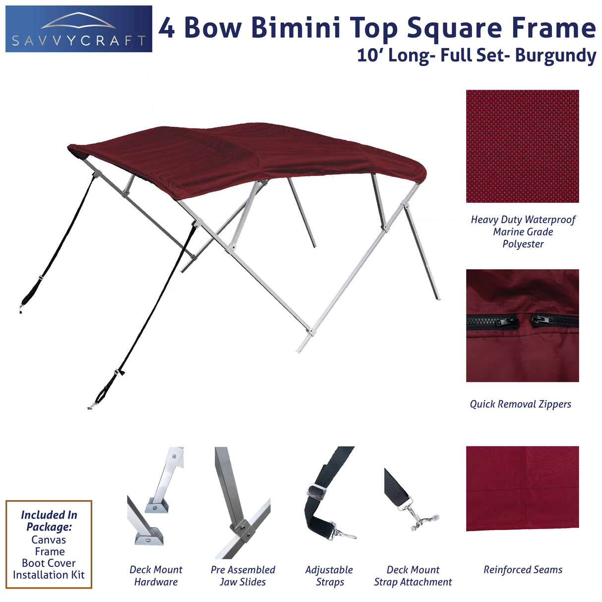 Burgundy 10ft 4-Bow Black Bimini Top set with square frame, marine-grade polyester canvas, boot, and mounting hardware included.