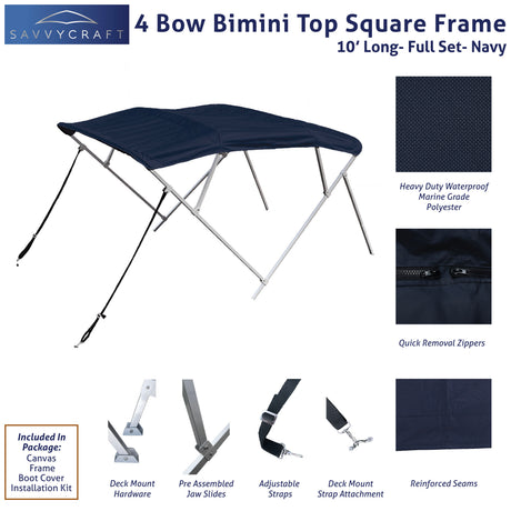 Navy 10ft 4-Bow Black Bimini Top set with square frame, marine-grade polyester canvas, boot, and mounting hardware included.