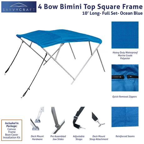 Blue 10ft 4-Bow Blue Bimini Top set with square frame, marine-grade polyester canvas, boot, and mounting hardware included.