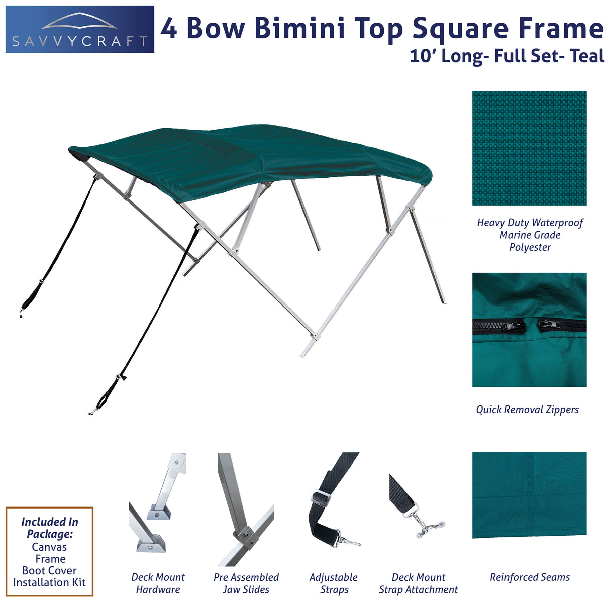 Teal 10ft 4-Bow Black Bimini Top set with square frame, marine-grade polyester canvas, boot, and mounting hardware included.