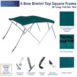 Teal 10ft 4-Bow Black Bimini Top set with square frame, marine-grade polyester canvas, boot, and mounting hardware included.