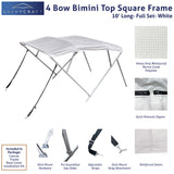 White 10ft 4-Bow Black Bimini Top set with square frame, marine-grade polyester canvas, boot, and mounting hardware included.