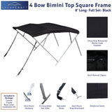 8' black 4-bow square frame bimini top: waterproof marine polyester, quick-removal zippers, and deck mount hardware kit.