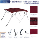 Burgundy 4-bow square frame bimini top: waterproof marine polyester, quick-removal zippers, and deck mount hardware kit.