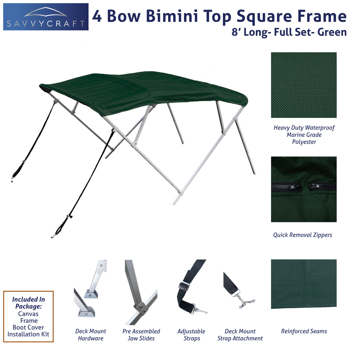 Green 4-bow square frame bimini top: waterproof marine polyester, quick-removal zippers, and deck mount hardware kit.