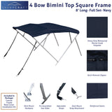 Navy 4-bow square frame bimini top: waterproof marine polyester, quick-removal zippers, and deck mount hardware kit.