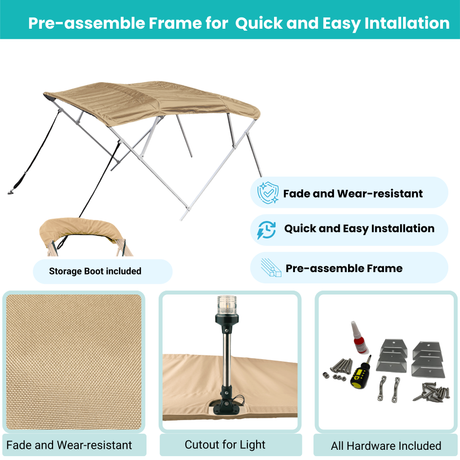 Beige Bimini top with easy-assemble frame, canopy fabric, storage boot with stern light cutout, and complete installation hardware included
