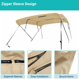 Beige 4-bow Bimini top with durable marine polyester canvas, featuring bound hems and zipper sleeves for easy setup.