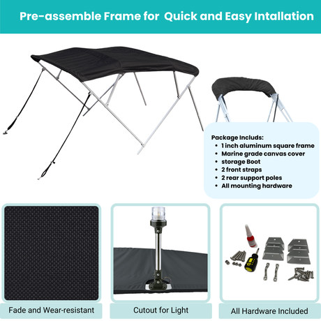 Bimini top with easy-assemble frame, canopy fabric, storage boot with stern light cutout, and complete installation hardware included