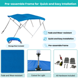 Blue Bimini top with easy-assemble frame, canopy fabric, storage boot with stern light cutout, and complete installation hardware included.