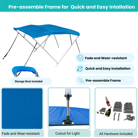 Blue Bimini top with easy-assemble frame, canopy fabric, storage boot with stern light cutout, and complete installation hardware included.