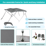 Gray Bimini top with easy-assemble frame, canopy fabric, storage boot with stern light cutout, and complete installation hardware included