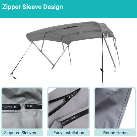 Gray 4-bow Bimini top with durable marine polyester canvas, featuring bound hems and zipper sleeves for easy setup.