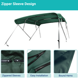Green 4-bow Bimini top with durable marine polyester canvas, featuring bound hems and zipper sleeves for easy setup.
