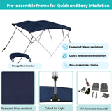 Boat canopy with pre-assembled frame, storage boot, and hardware for quick installation.