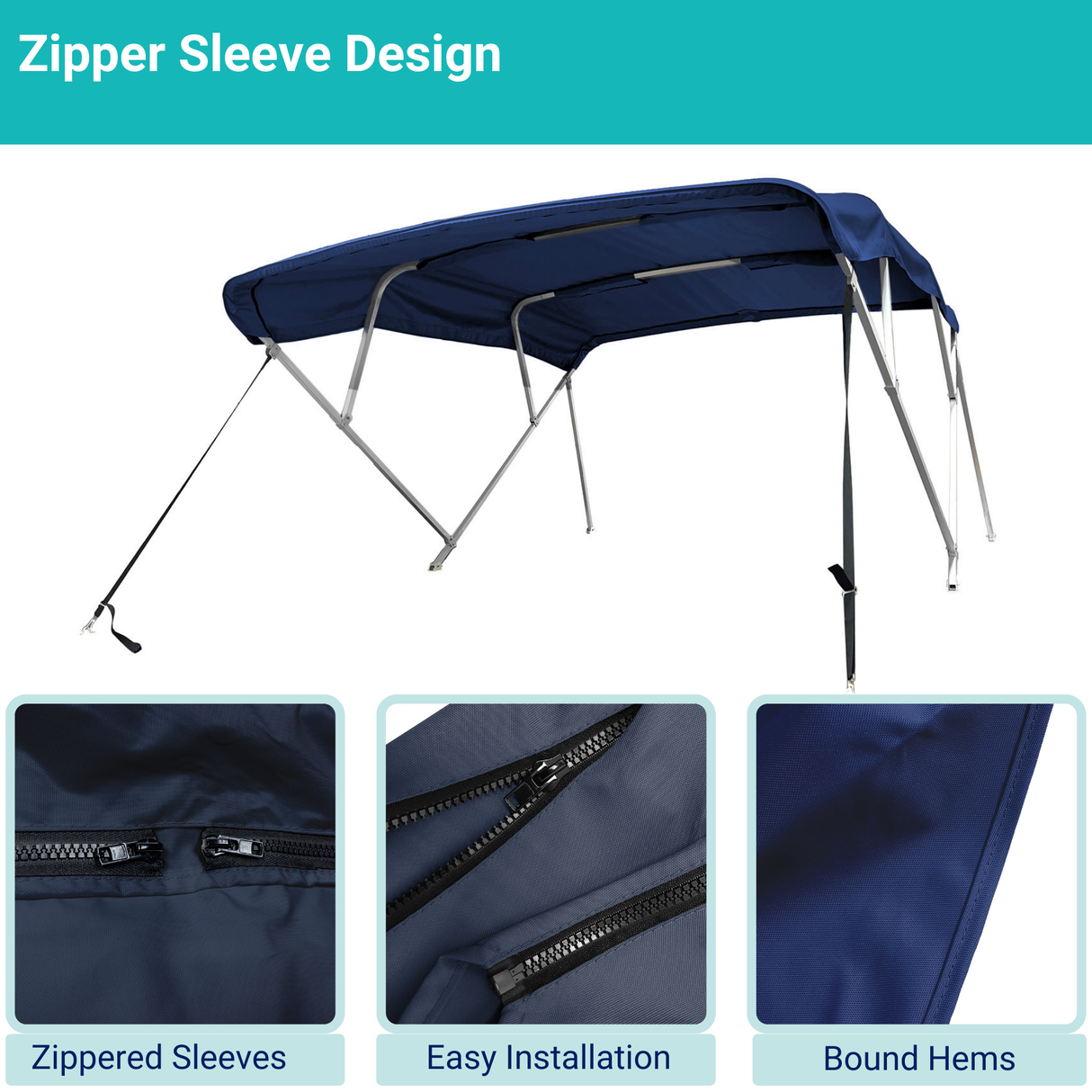 Navy 4-bow Bimini top with durable marine polyester canvas, featuring bound hems and zipper sleeves for easy setup.