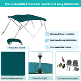 Teal Bimini top with easy-assemble frame, canopy fabric, storage boot with stern light cutout, and complete installation hardware included.