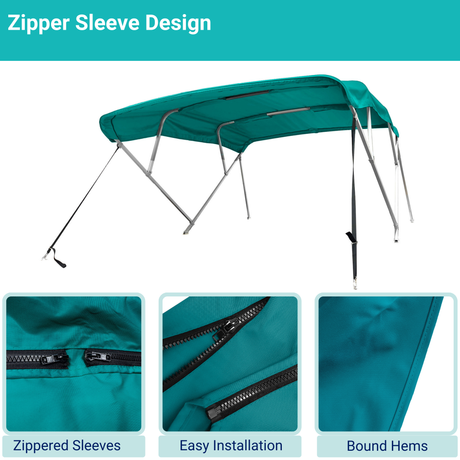 Teal 4-bow Bimini top with durable marine polyester canvas, featuring bound hems and zipper sleeves for easy setup.