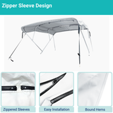 white 4-bow Bimini top with durable marine polyester canvas, featuring bound hems and zipper sleeves for easy setup.