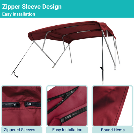 Burgundy 4-bow Bimini top with durable marine polyester canvas, featuring bound hems and zipper sleeves for easy setup.