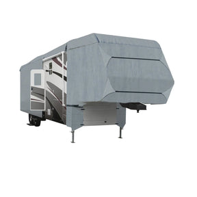 A silver 5th Wheel RV Cover fitted on a 5th Wheel RV, featuring elastic hems, tie-down straps, and a breathable material.