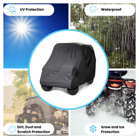 Heavy-duty black UTV cover offering UV, waterproof, dust, scratch, and winter weather protection. Includes breathable fabric for both indoor and outdoor use.