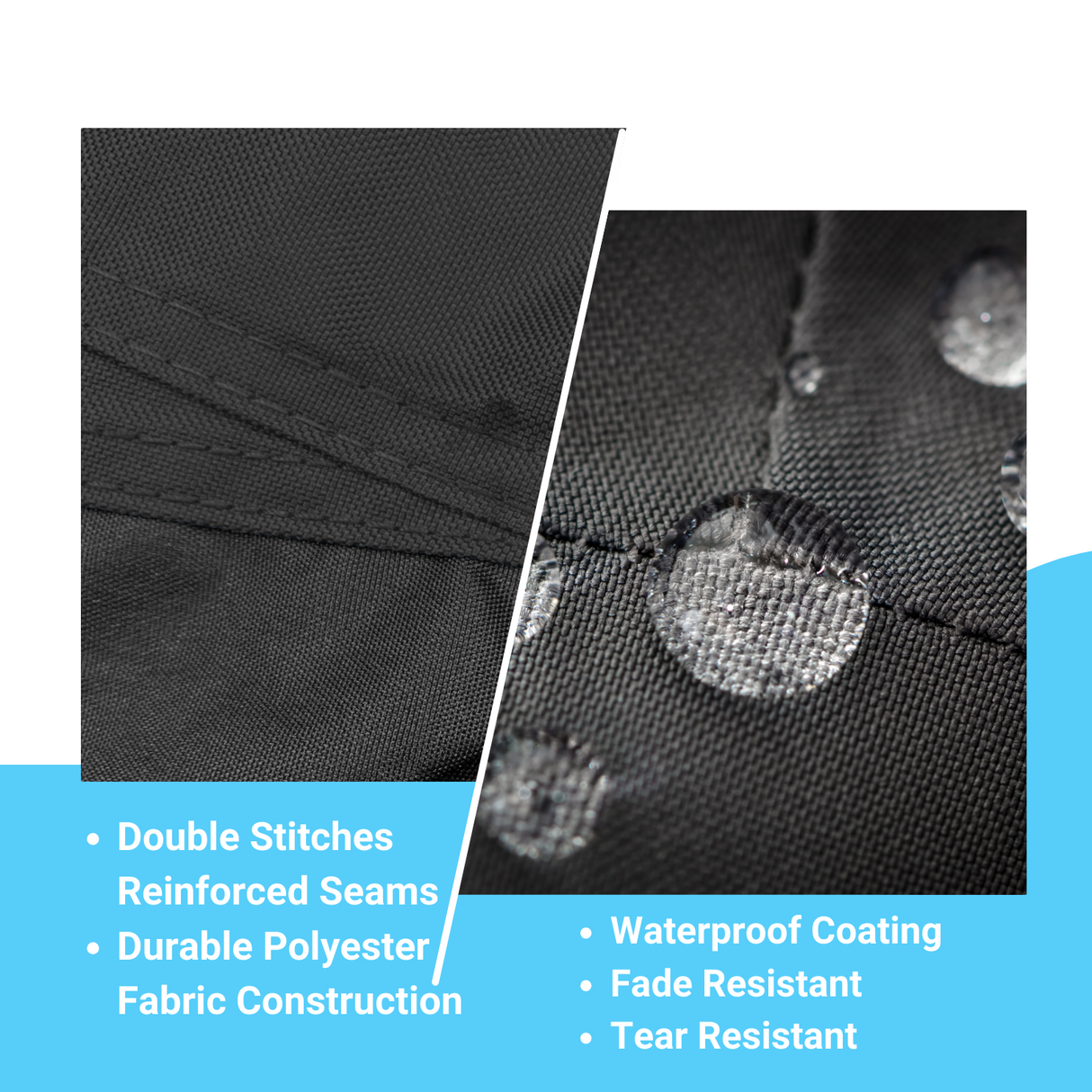 Black cover with double stitches and reinforced seams. Close up of high-density durable polyester with waterproof coating and fade and tear resistance.