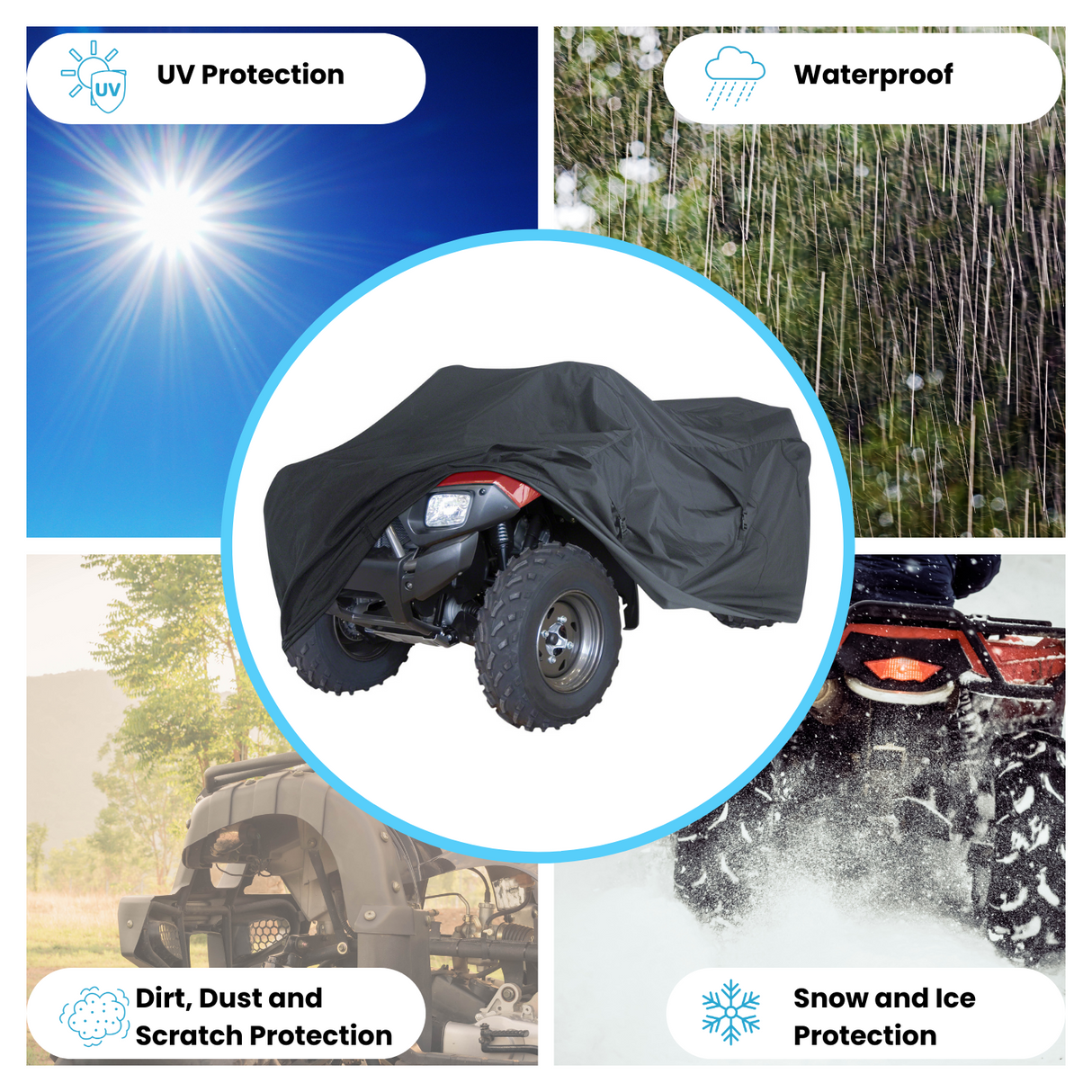 Heavy-duty black ATV cover offering UV, waterproof, dirt, dust, scratch, and snow and ice protection. Includes breathable fabric for both indoor and outdoor use.