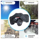 Heavy-duty black ATV cover offering UV, waterproof, dirt, dust, scratch, and snow and ice protection. Includes breathable fabric for both indoor and outdoor use.