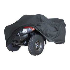 High quality and durable black ATV cover made from high-density woven polyester, for providing all-weather protection partially covering ATV.