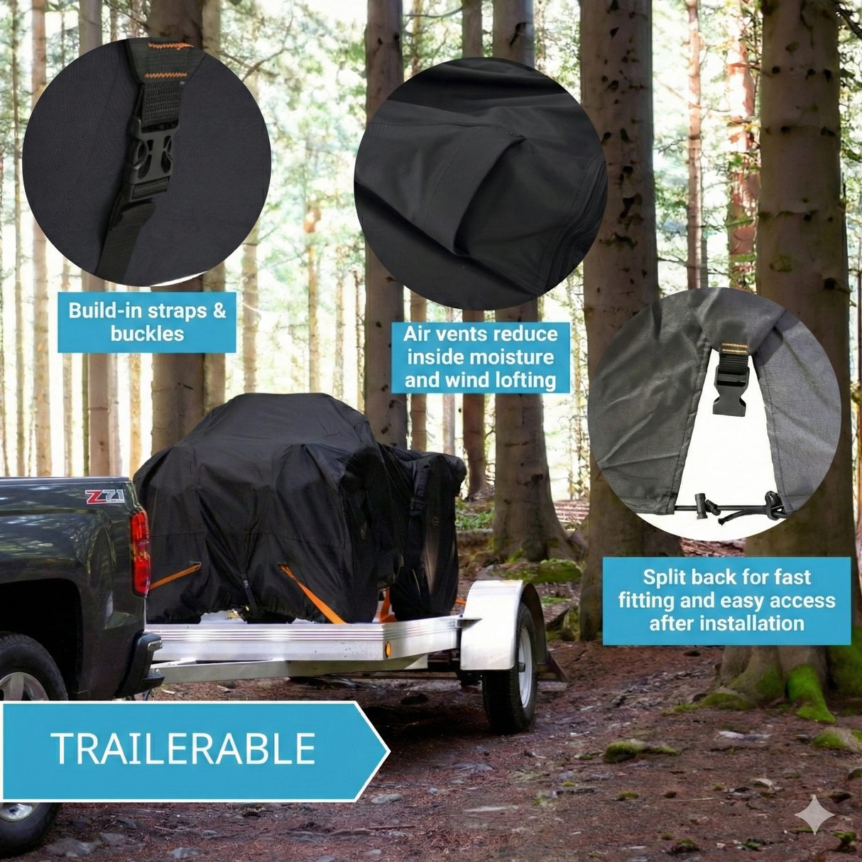 Trailerable black cover shown secured over a ATV on a flatbed trailer in a forest setting, featuring built-in straps and side-release buckles, air vents to reduce interior moisture and wind lofting, and a split back design for fast fitting and easy access after installation.