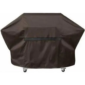 A dark brown outdoor grill cover with wheels, shown from the back on a solid white background.