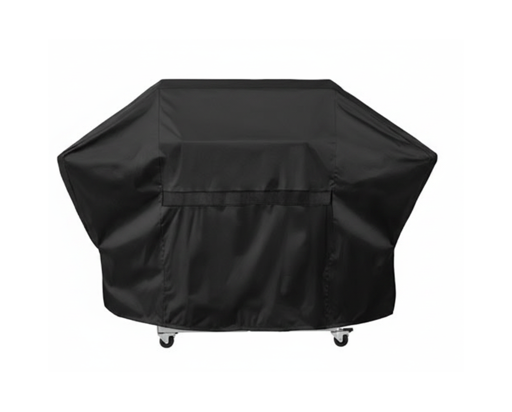 A black outdoor grill cover with wheels, shown from the back on a solid white background.